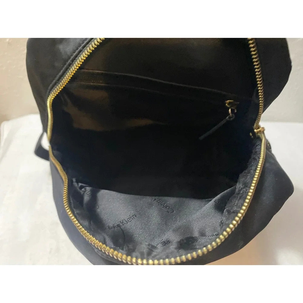 Calvin Klein Mini Backpack Womens Small‎ Black Nylon Gold Logo Straps Excellent